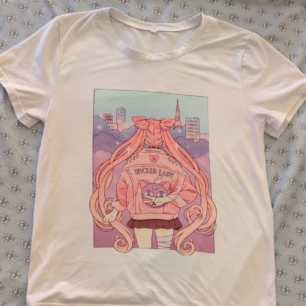 Graphic Tee with Pink Purple Pastel Design - Sailor Moon Inspired